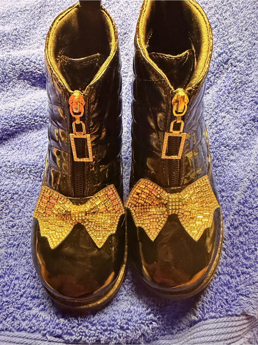 Black Patent Girls' Ankle Boots with Gold Bow Accent